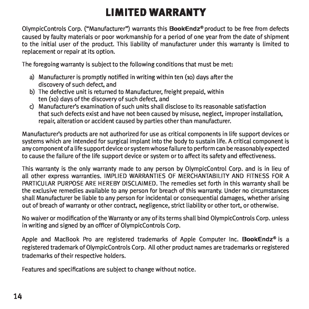 Bookendz BE-10291, BE-MBP15F owner manual Limited Warranty 