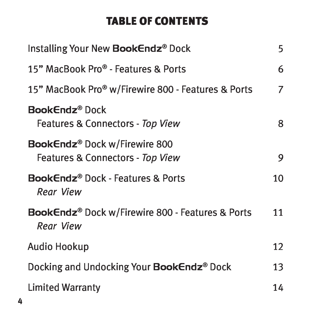 Bookendz BE-10291, BE-MBP15F owner manual Table of contents, Rear View, 15” MacBook Pro w/Firewire 800 - Features & Ports 