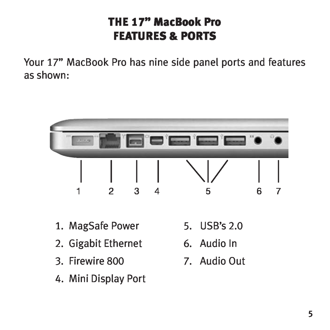 Bookendz BE-10369 manual the 17” MacBook Pro features & Ports, MagSafe Power, USB’s, Gigabit Ethernet, Audio In, Firewire 
