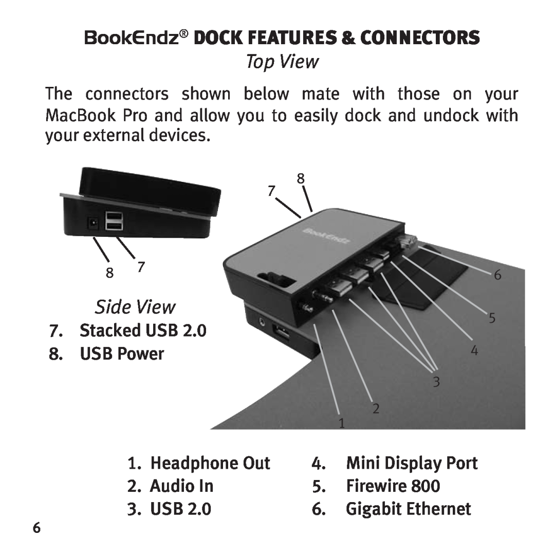 Bookendz BE-MBP17TB BookEndz dock Features & Connectors, Top View, Side View, Stacked USB 8. USB Power, Headphone Out 