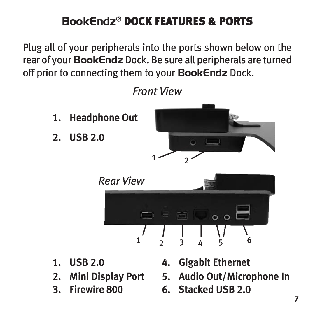 Bookendz BE-10369 BookEndz dock Features & Ports, Front View, Rear View, Headphone Out 2. USB, Gigabit Ethernet, Firewire 