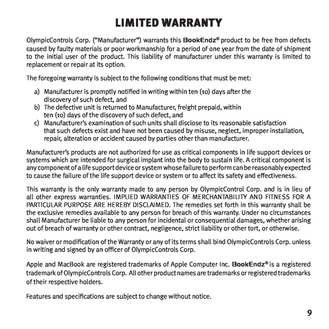 Bookendz BE-10369, BE-MBP17TB manual Limited Warranty 