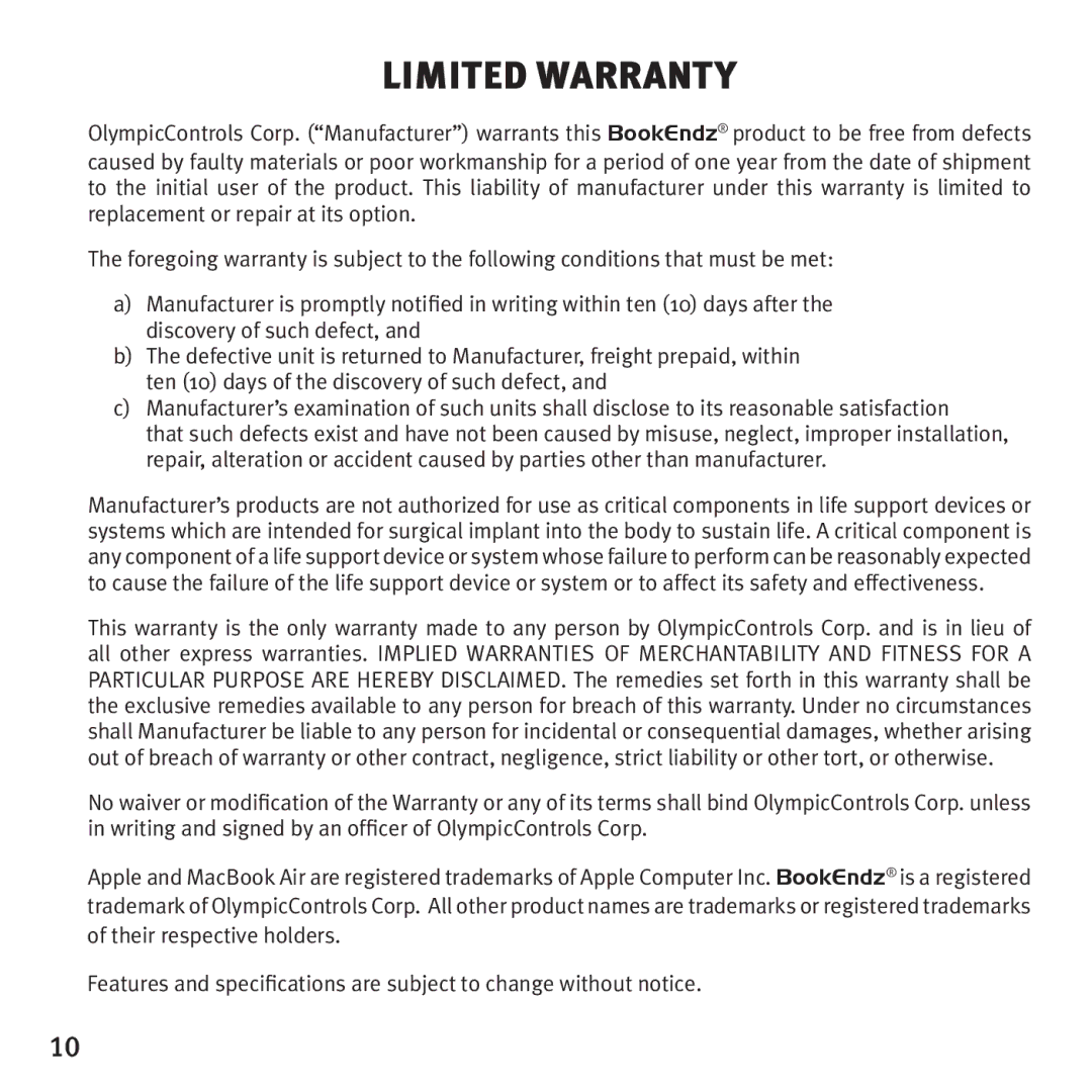 Bookendz BKZBEMBA11 manual Limited Warranty 