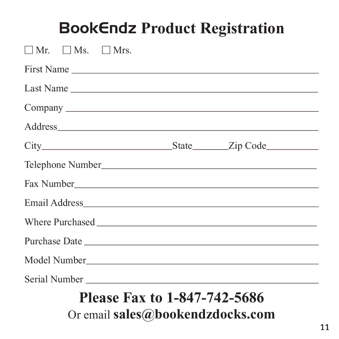 Bookendz BKZBEMBA11 manual BookEndz Product Registration 