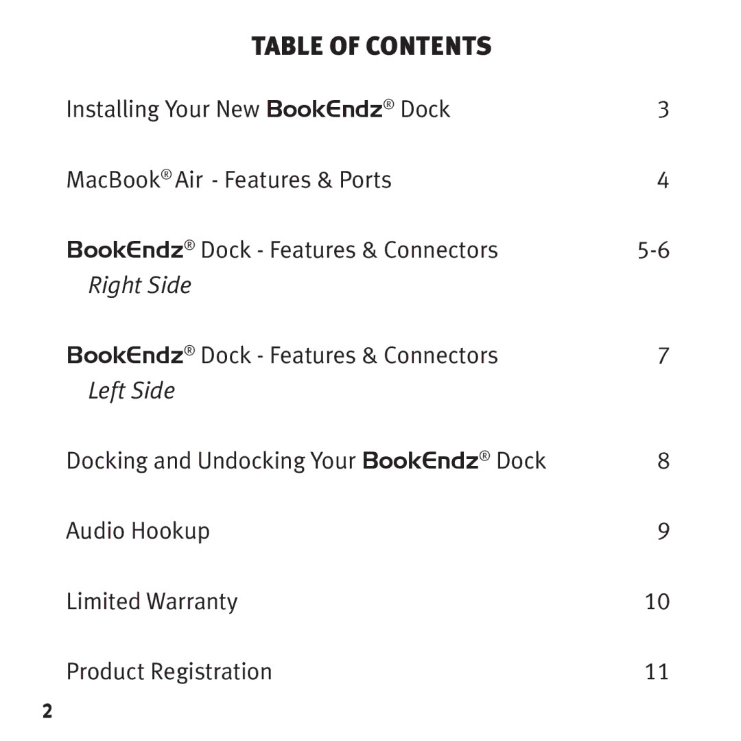 Bookendz BKZBEMBA11 manual Table of contents 