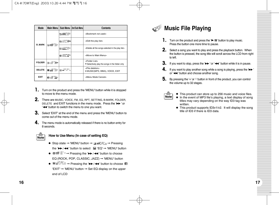 BoomGear MP-700 manual Music File Playing, How to Use Menu In case of setting EQ 