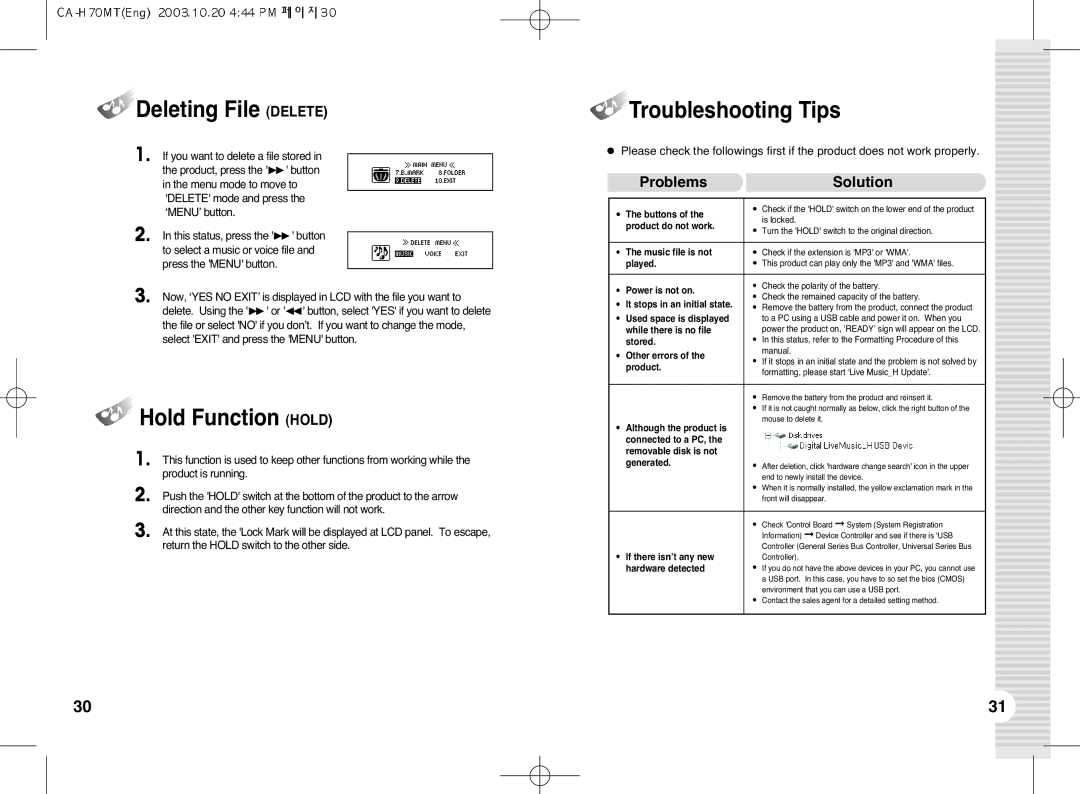 BoomGear MP-700 manual Deleting File Delete, Hold Function Hold, Troubleshooting Tips 