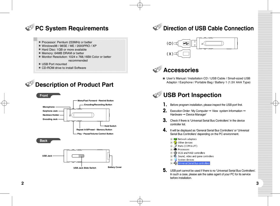 BoomGear MP-700 manual PC System Requirements, USB Port Inspection 