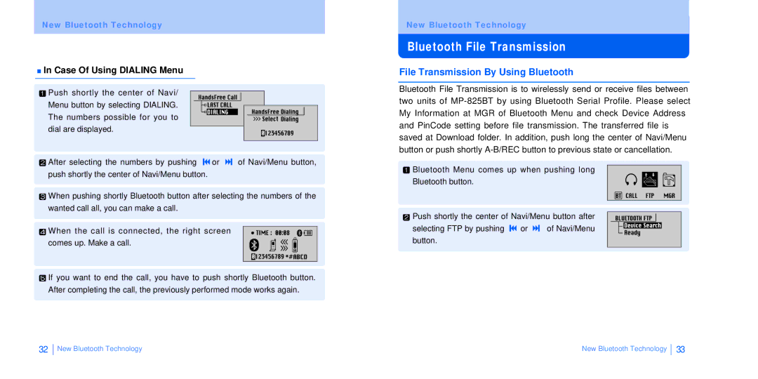 BoomGear MP-825BT manual Bluetooth File Transmission, File Transmission By Using Bluetooth, Case Of Using Dialing Menu 