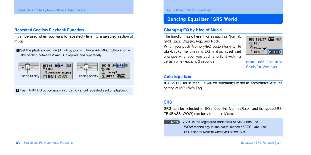 BoomGear MP-825BT manual Dancing Equalizer / SRS World, Repeated Section Playback Function, Changing EQ by Kind of Music 