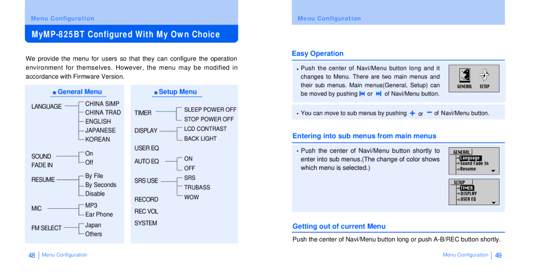 BoomGear manual MyMP-825BT Configured With My Own Choice, Easy Operation, Entering into sub menus from main menus 