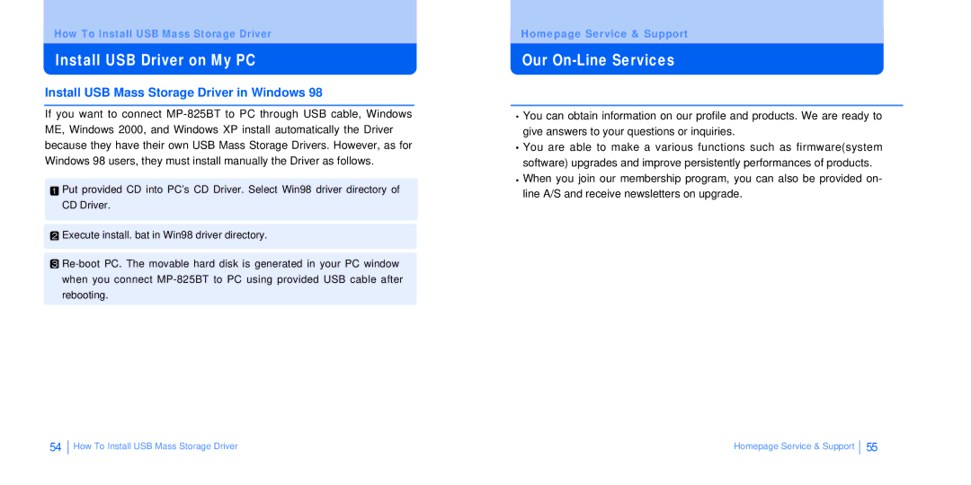 BoomGear MP-825BT manual Install USB Driver on My PC, Our On-Line Services, Install USB Mass Storage Driver in Windows 