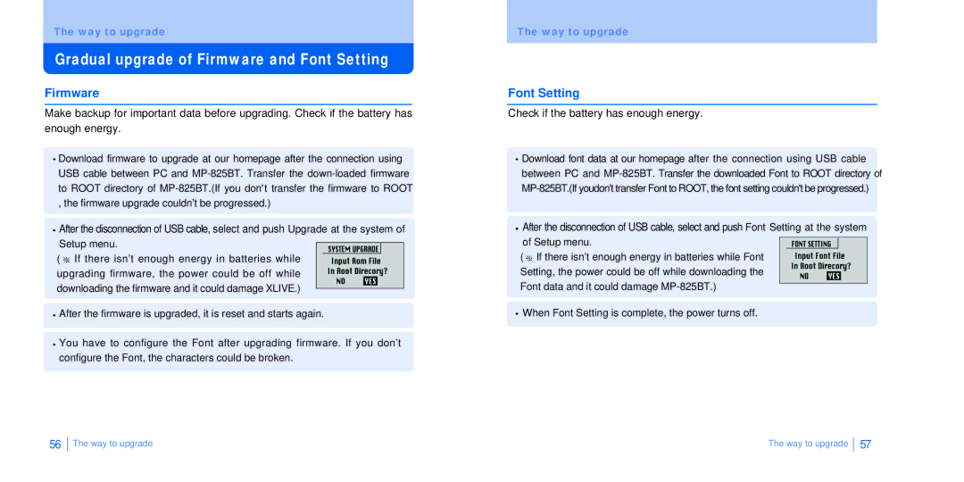 BoomGear MP-825BT manual Gradual upgrade of Firmware and Font Setting 