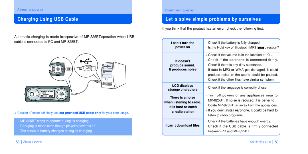 BoomGear MP-825BT manual Charging Using USB Cable, Let s solve simple problems by ourselves 