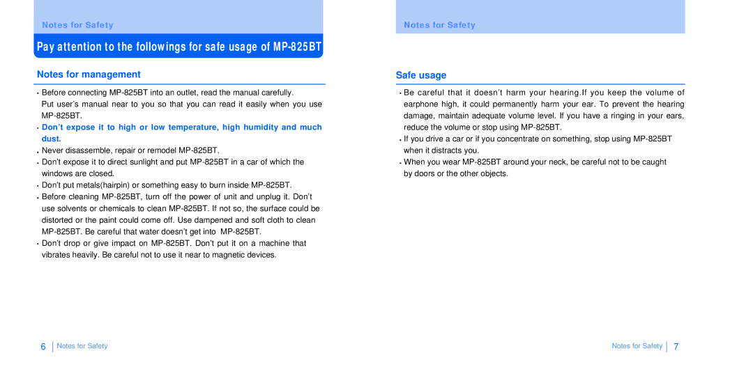 BoomGear manual Pay attention to the followings for safe usage of MP-825BT, Safe usage 