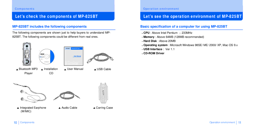 BoomGear manual Let’s check the components of MP-825BT, Let’s see the operation environment of MP-825BT 