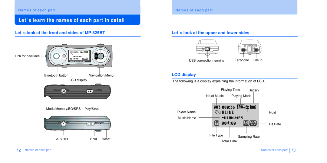 BoomGear manual Let s learn the names of each part in detail, Let s look at the front and sides of MP-825BT, LCD display 