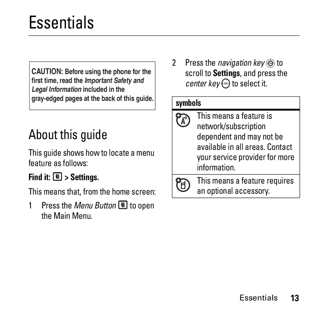 Boost Mobile i290 manual Essentials, About this guide, Find it M Settings, Symbols 