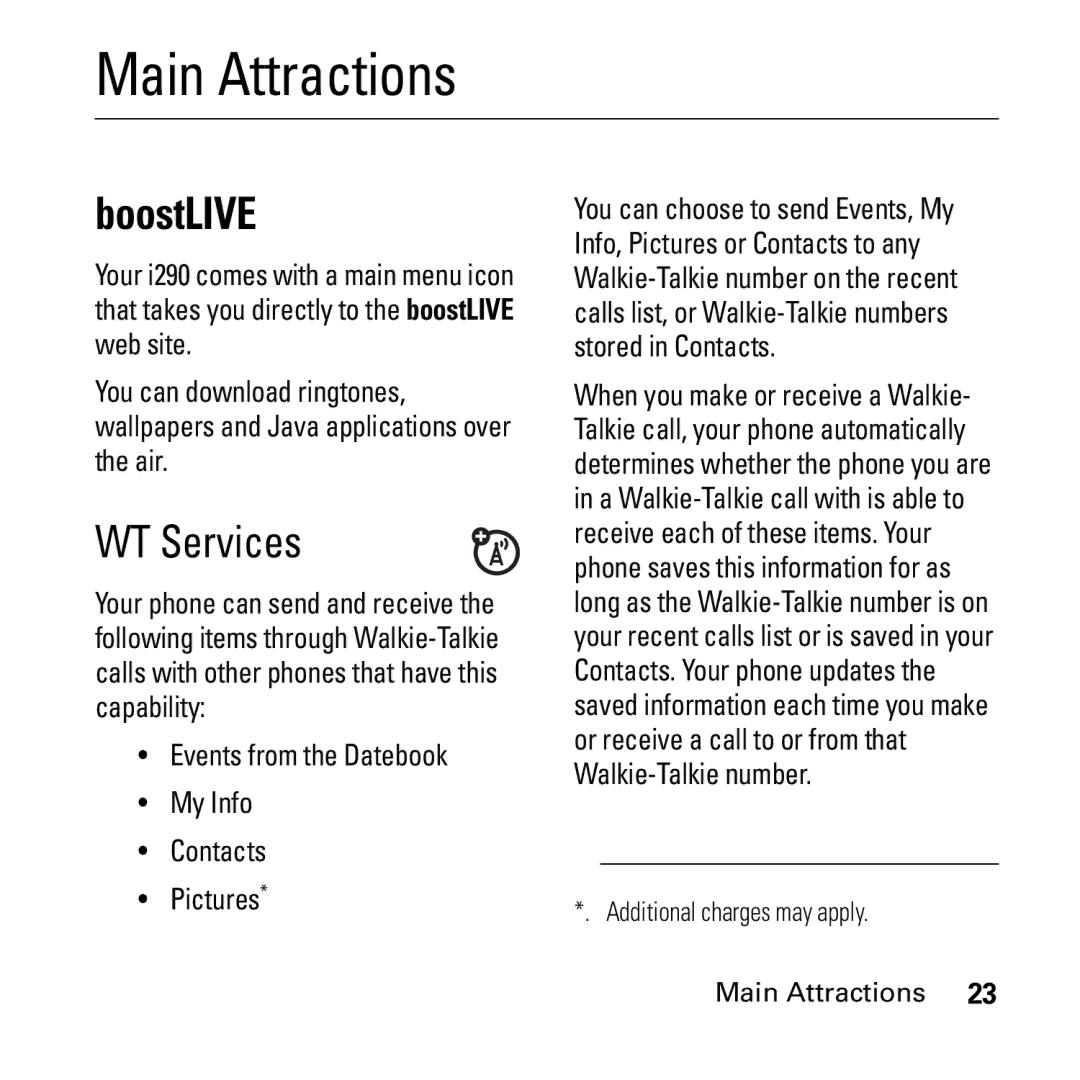 Boost Mobile i290 manual Main Attractions, WT Services, Events from the Datebook My Info Contacts Pictures 