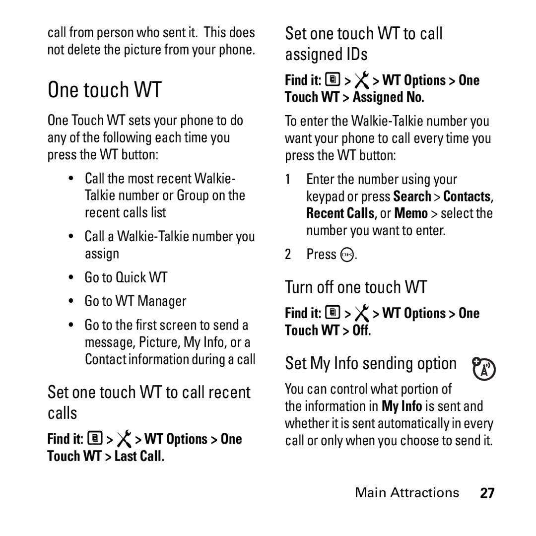 Boost Mobile i290 manual One touch WT, Set one touch WT to call recent calls, Set one touch WT to call assigned IDs 