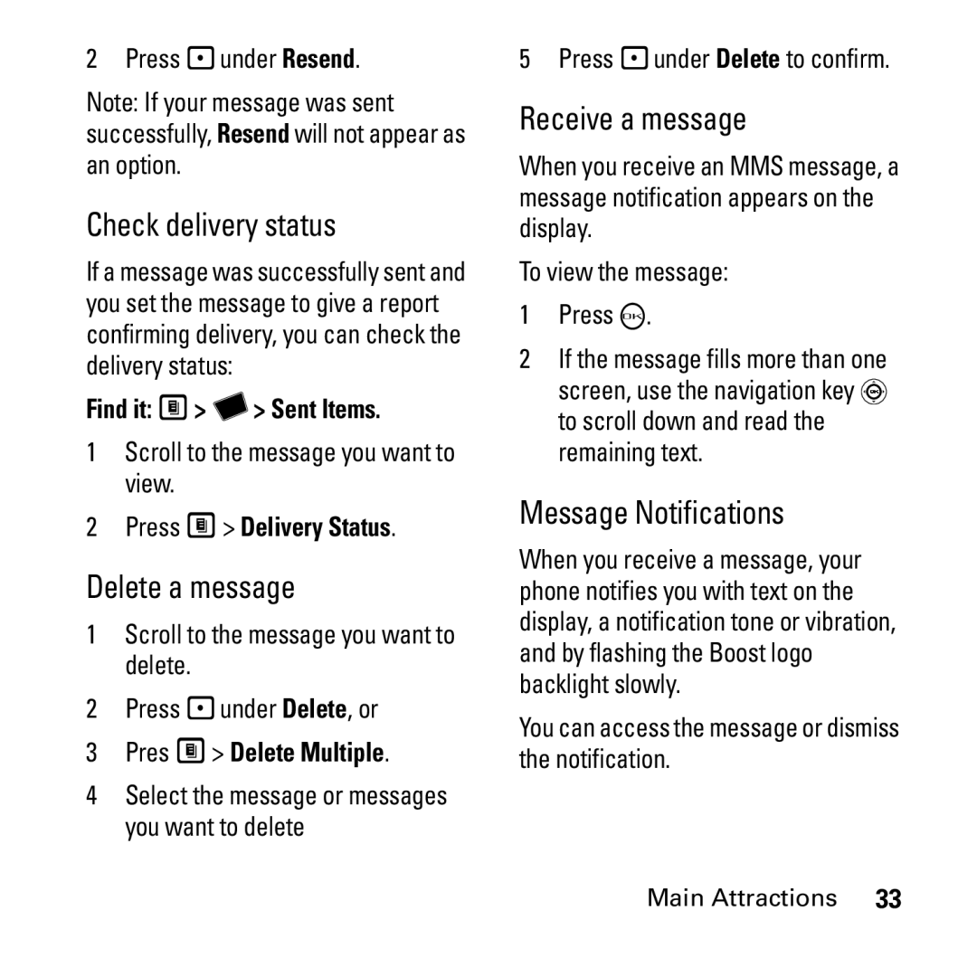 Boost Mobile i290 manual Check delivery status, Delete a message, Receive a message, Message Notifications 