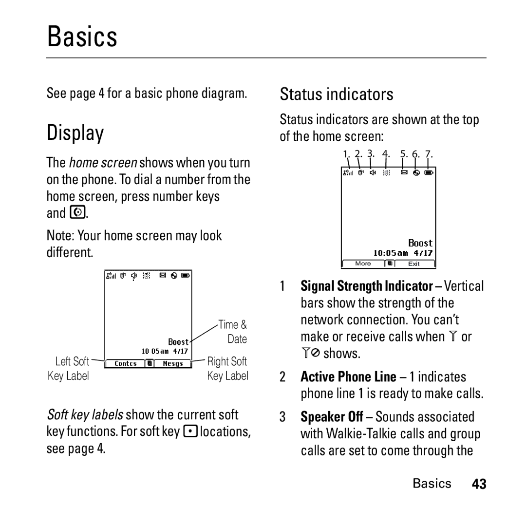 Boost Mobile i290 manual Basics, Display, Status indicators are shown at the top of the home screen 