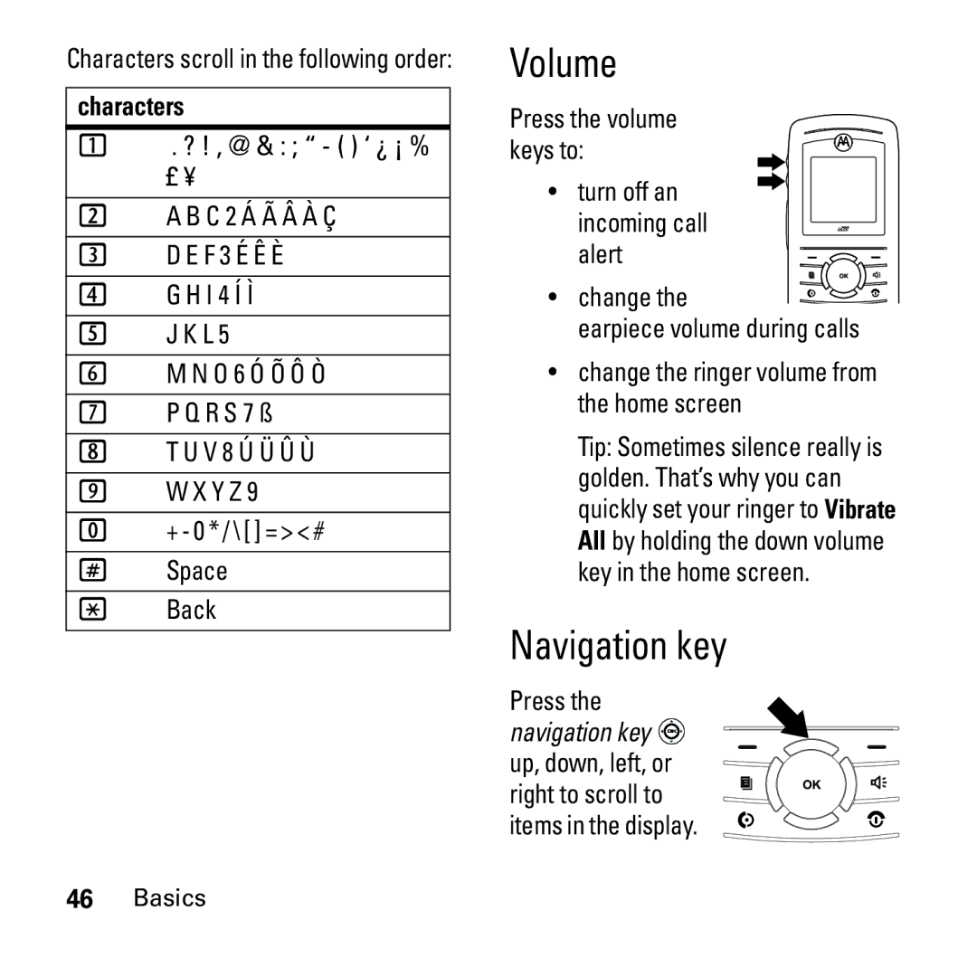 Boost Mobile i290 manual Volume, Navigation key, Characters, Turn off an incoming call alert 