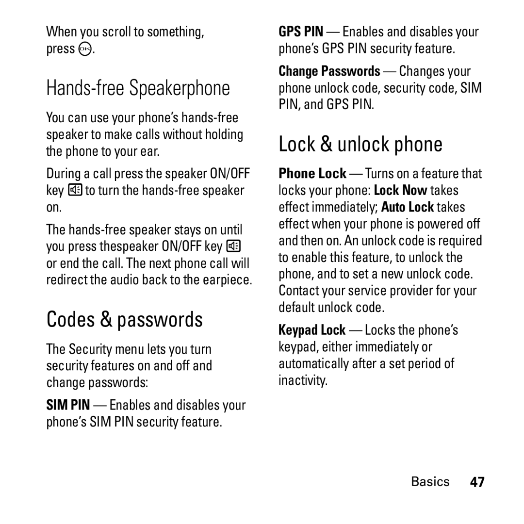 Boost Mobile i290 manual Codes & passwords, Lock & unlock phone, When you scroll to something, press O 