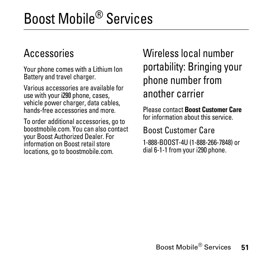 Boost Mobile i290 manual Boost Mobile Services, Accessories, Boost Customer Care 