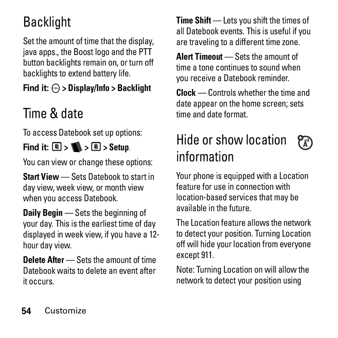 Boost Mobile i290 manual Backlight, Time & date, To access Datebook set up options, Find it M b M Setup 