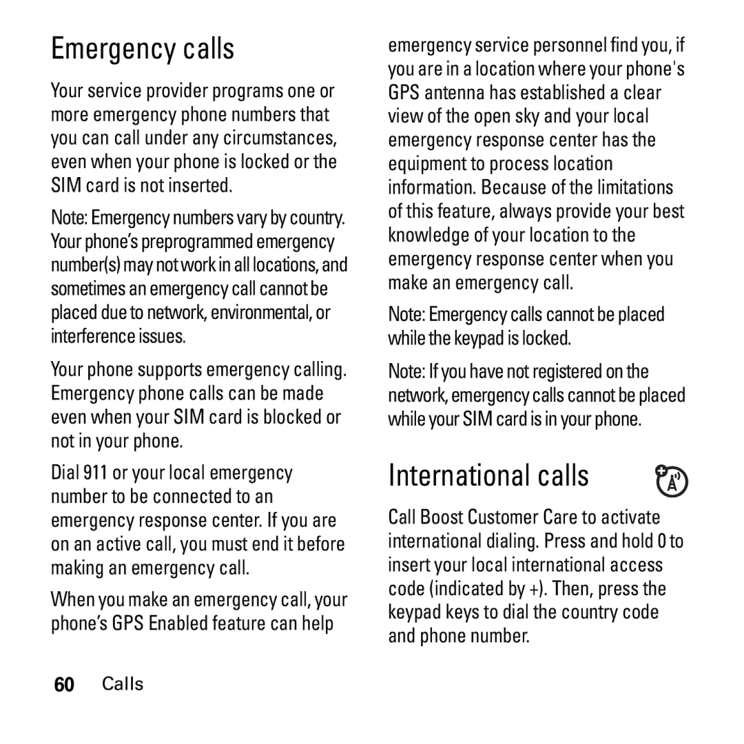 Boost Mobile i290 manual Emergency calls, International calls 