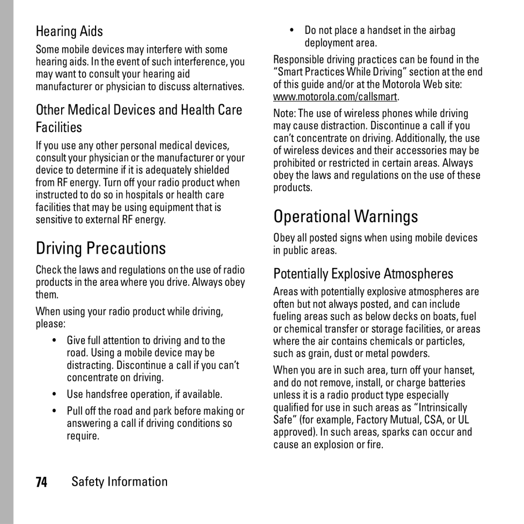 Boost Mobile i290 manual Driving Precautions, Operational Warnings, Hearing Aids, Potentially Explosive Atmospheres 