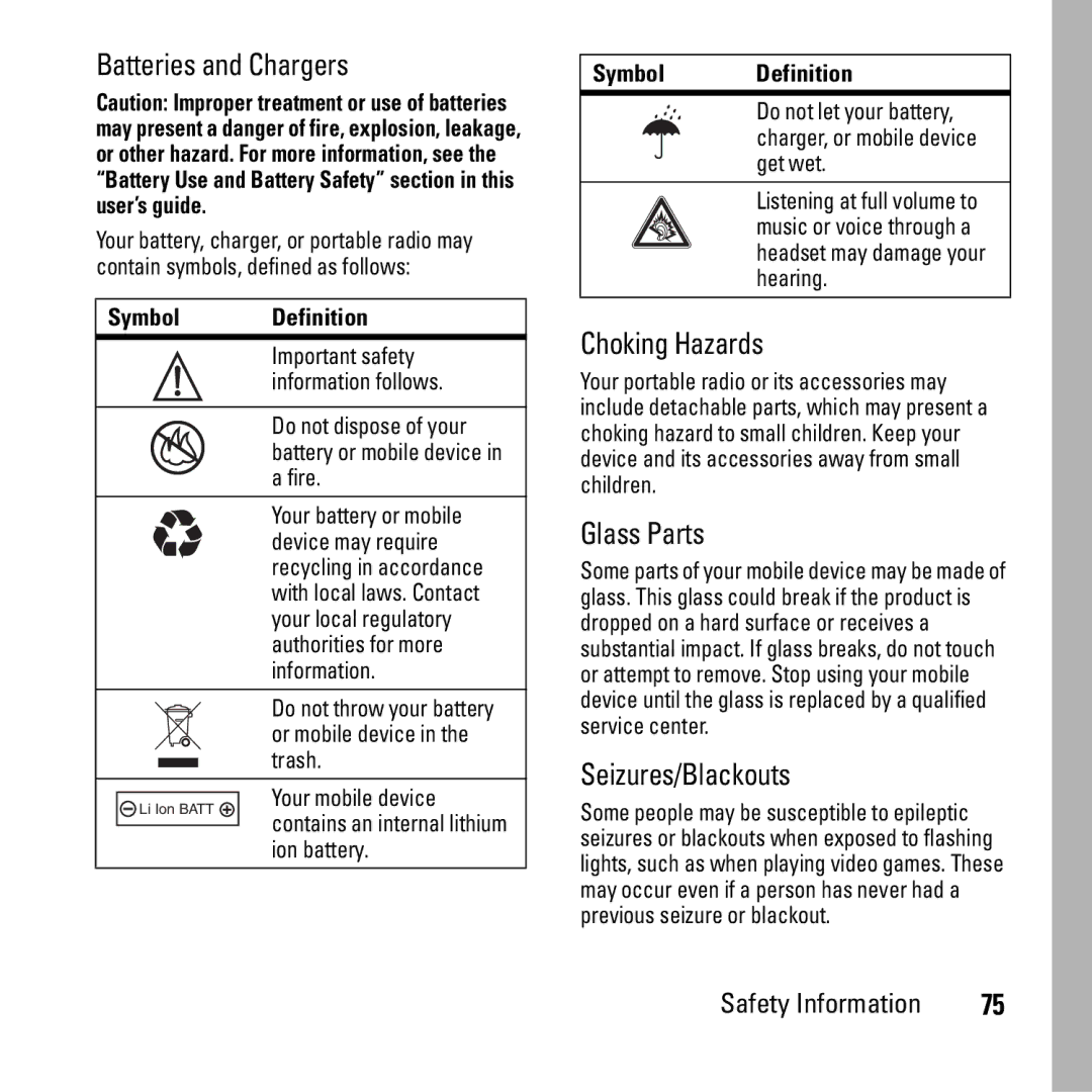 Boost Mobile i290 manual Batteries and Chargers, Choking Hazards, Glass Parts, Seizures/Blackouts 