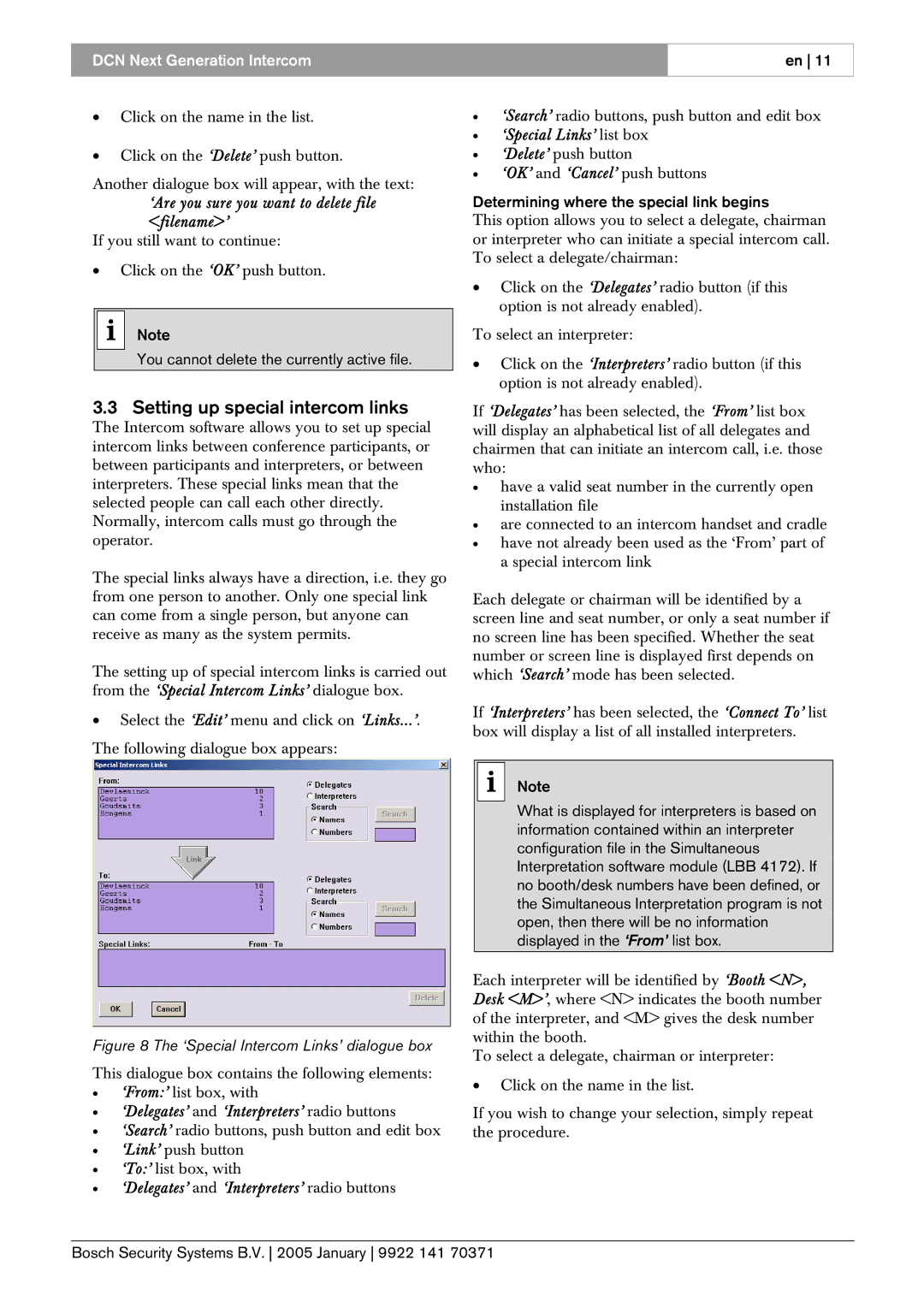 Bosch Appliances LBB4173, 0 user manual Setting up special intercom links, ‘Are you sure you want to delete file filename’ 