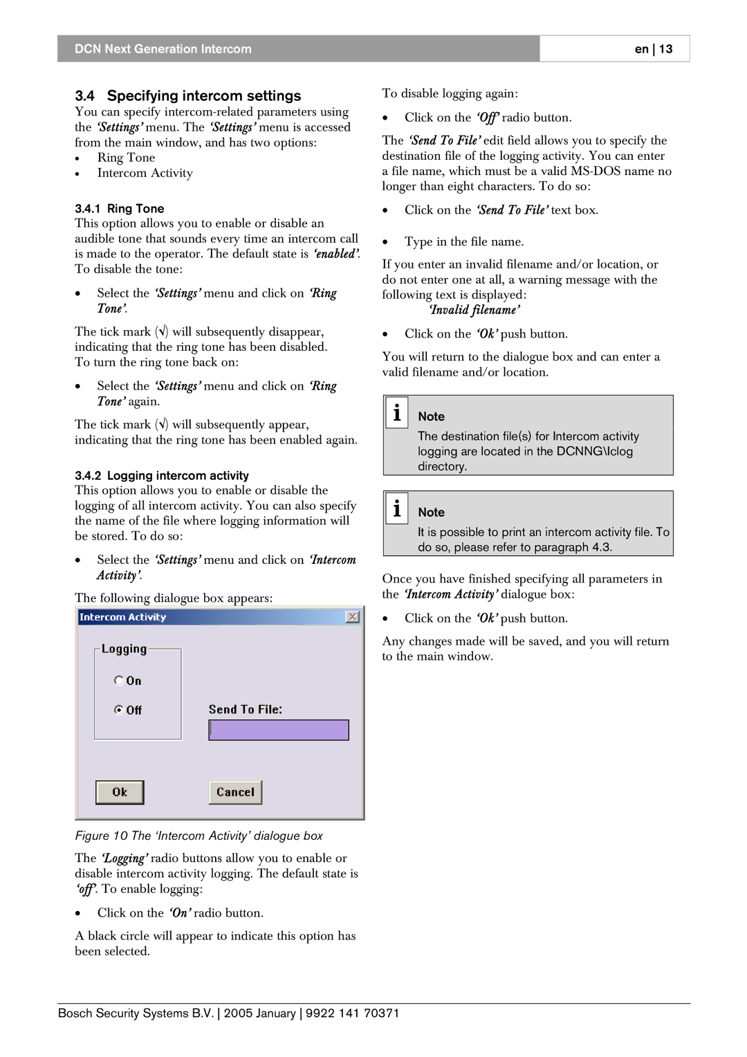 Bosch Appliances LBB4173, 0 Specifying intercom settings, Ring Tone, Logging intercom activity, ‘Invalid filename’ 