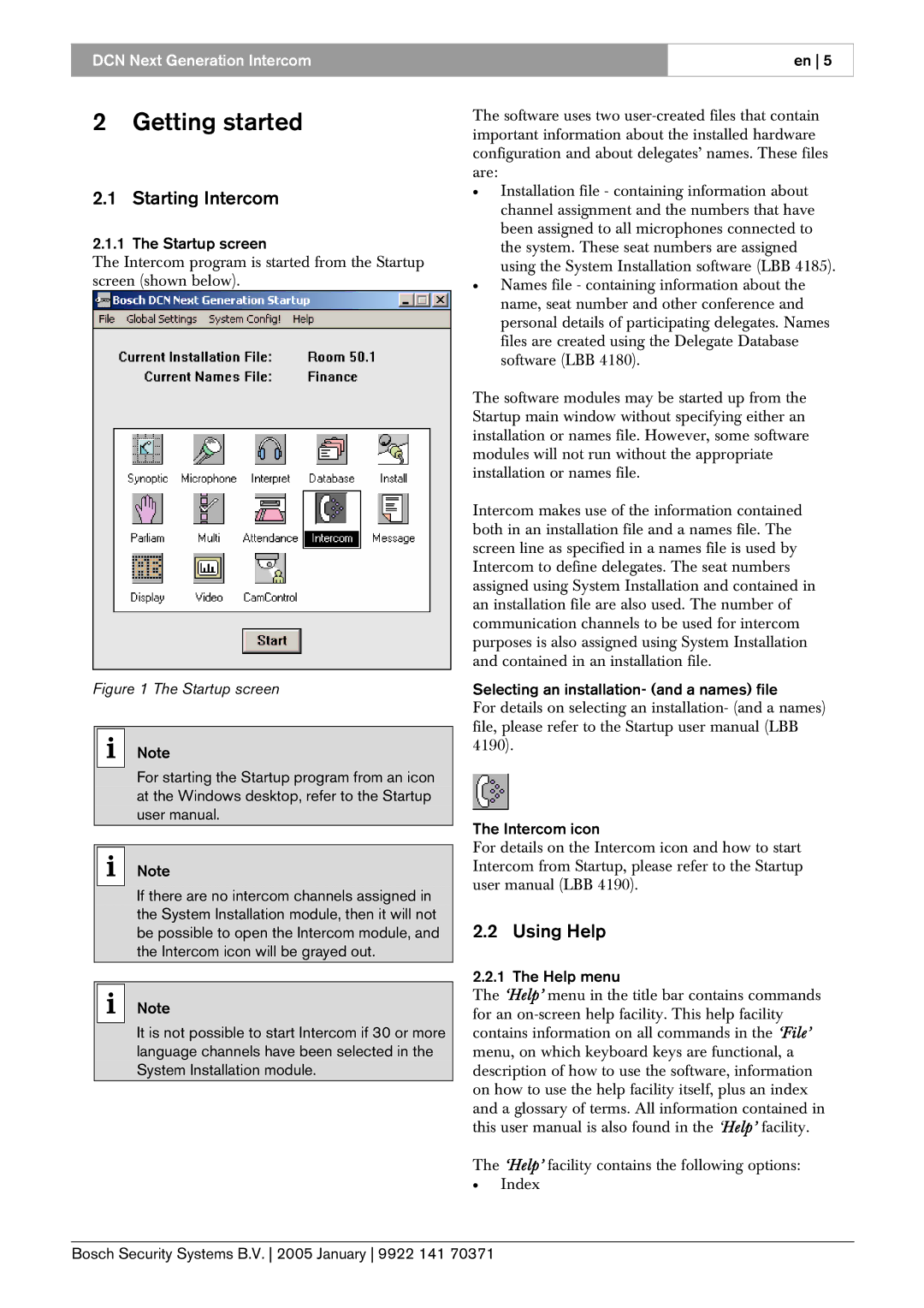 Bosch Appliances LBB4173, 0 user manual Getting started, Starting Intercom, Using Help 