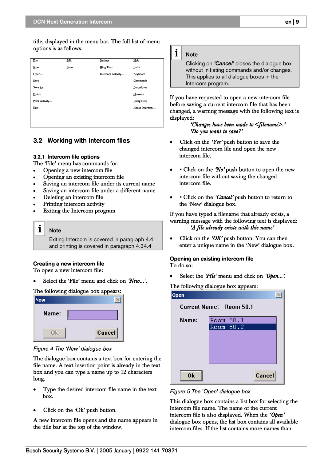 Bosch Appliances LBB4173, 0 user manual Working with intercom files, The ‘New’ dialogue box, The Open dialogue box 