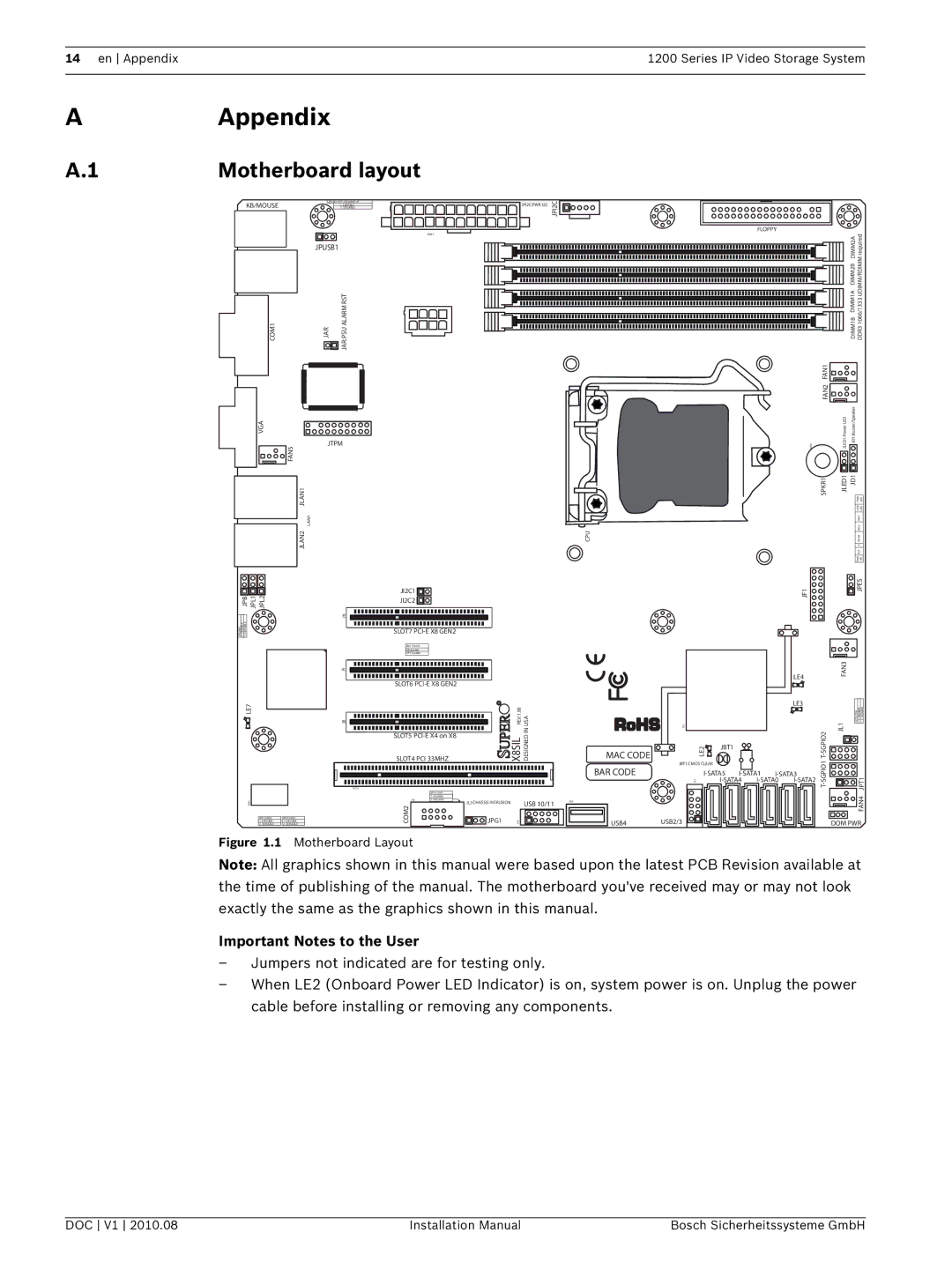 Bosch Appliances 1200 installation manual AAppendix, Motherboard layout, Important Notes to the User 