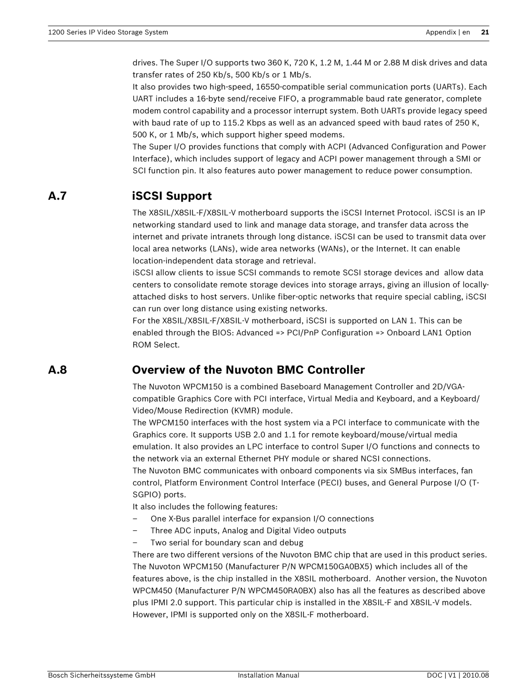 Bosch Appliances 1200 installation manual ISCSI Support, Overview of the Nuvoton BMC Controller 