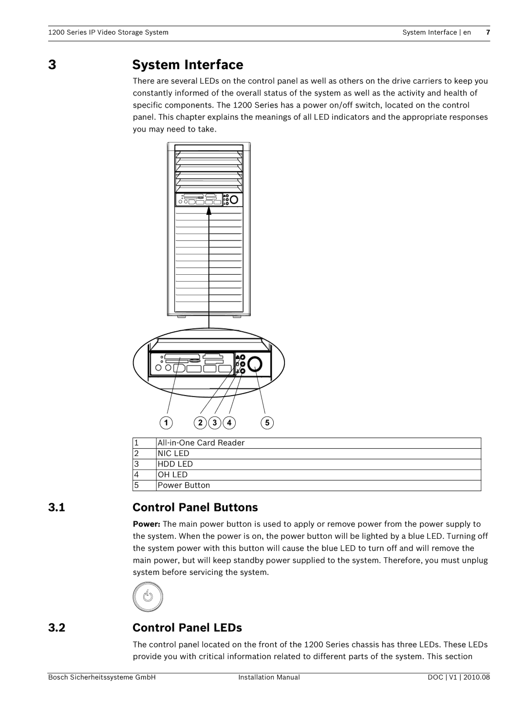 Bosch Appliances 1200 installation manual 3System Interface, 1Control Panel Buttons, 2Control Panel LEDs 