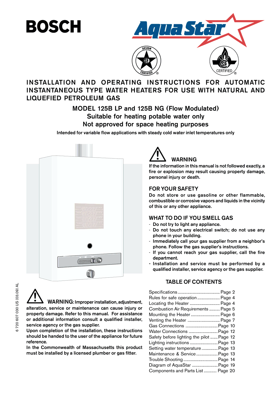 Bosch Appliances 125B LP, 125B NG specifications For Your Safety, What to do if YOU Smell GAS, Table of Contents 