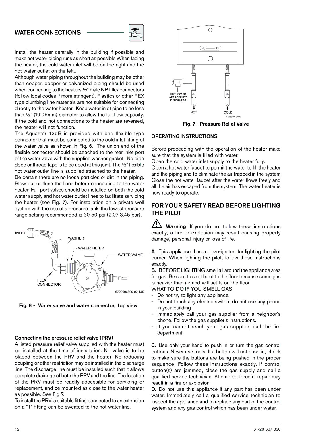 Bosch Appliances 125B NG Water Connections, For Your Safety Read Before Lighting the Pilot, Operating Instructions 