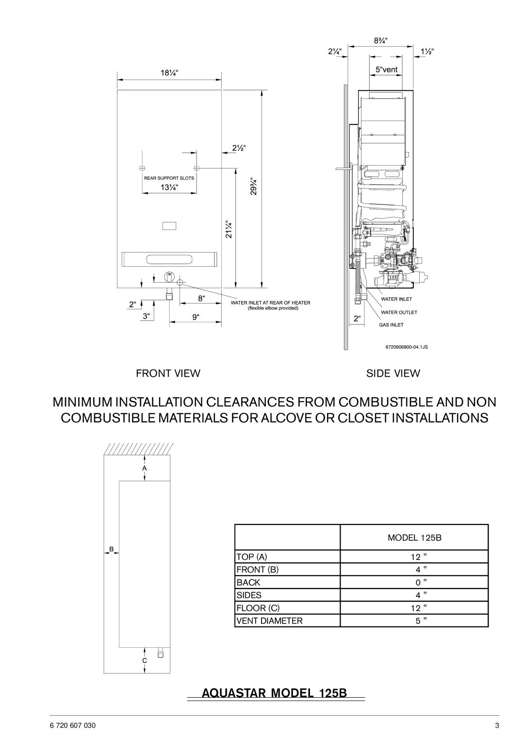 Bosch Appliances 125B LP, 125B NG specifications Aquastar Model 125B, Front View Side View 