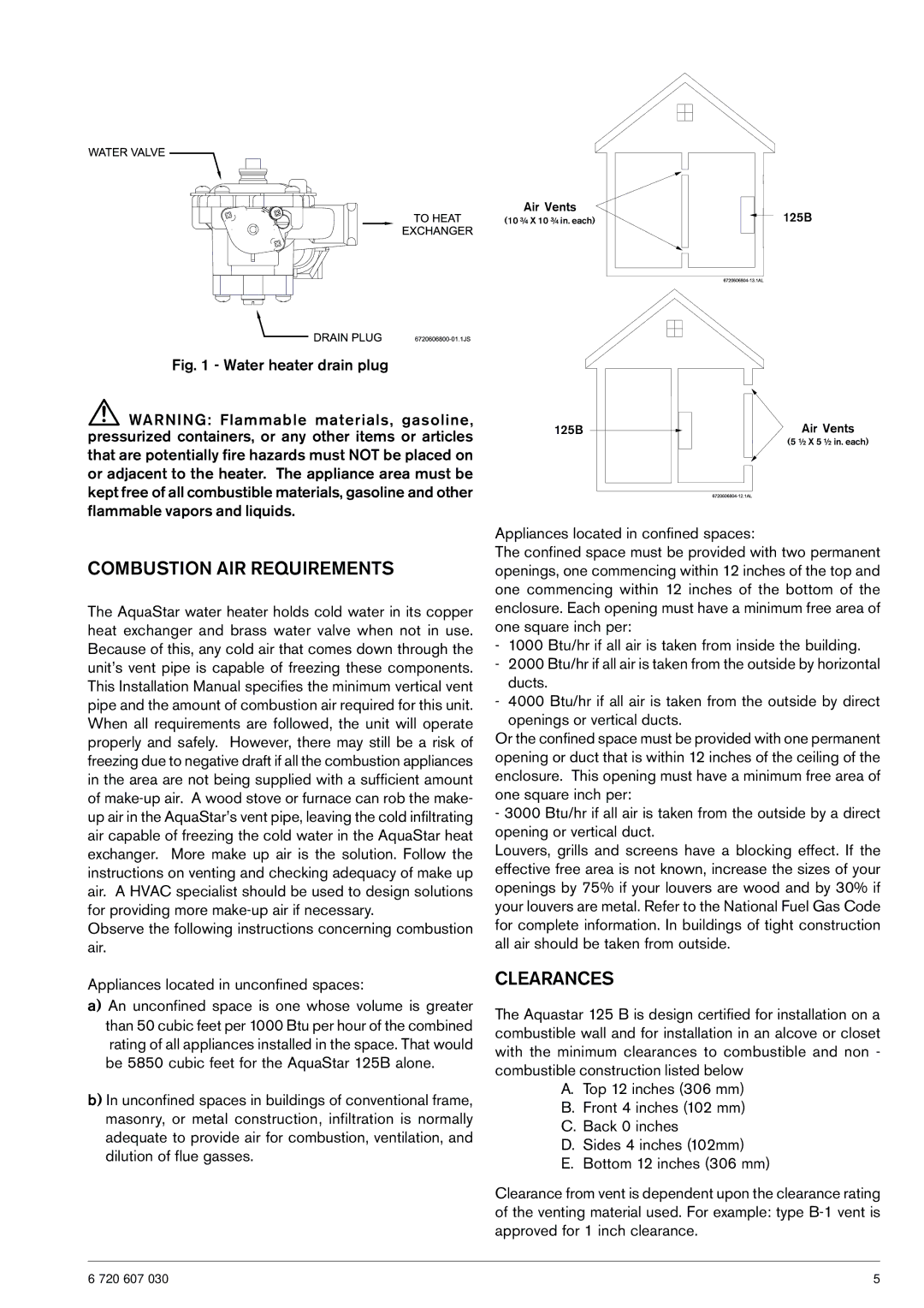 Bosch Appliances 125B LP, 125B NG specifications Combustion AIR Requirements, Clearances 