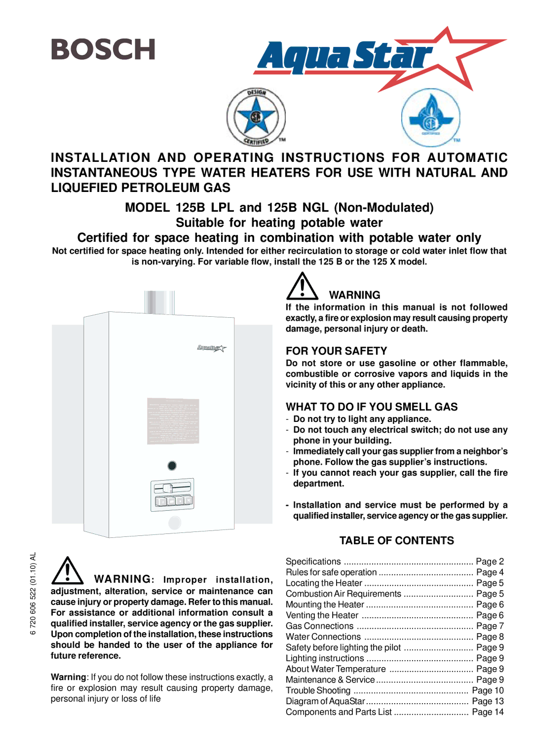 Bosch Appliances 125B LPL, 125B NGL operating instructions For Your Safety, What to do if YOU Smell GAS, Table of Contents 