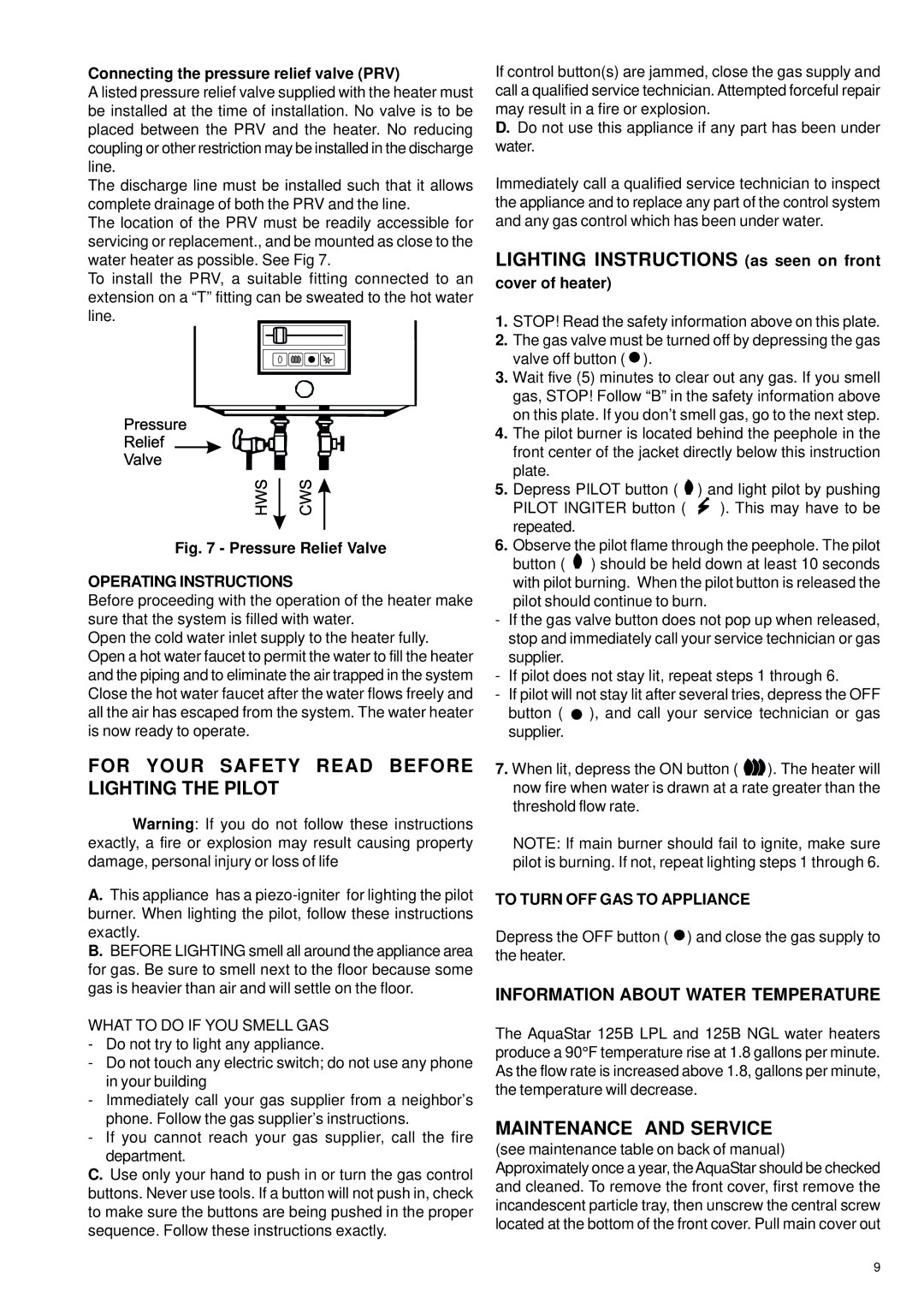 Bosch Appliances 125B LPL For Your Safety Read Before Lighting the Pilot, Maintenance and Service, Operating Instructions 