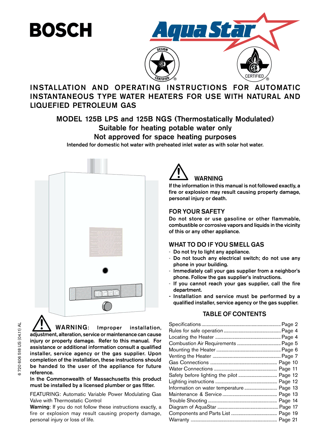 Bosch Appliances 125B LPS, 125B NGS operating instructions For Your Safety, Table of Contents 