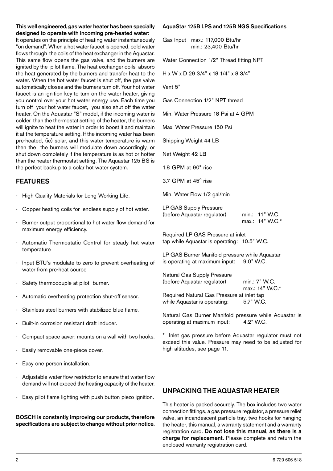 Bosch Appliances 125B NGS, 125B LPS Features, Unpacking the Aquastar Heater, Required Natural Gas Pressure at inlet tap 