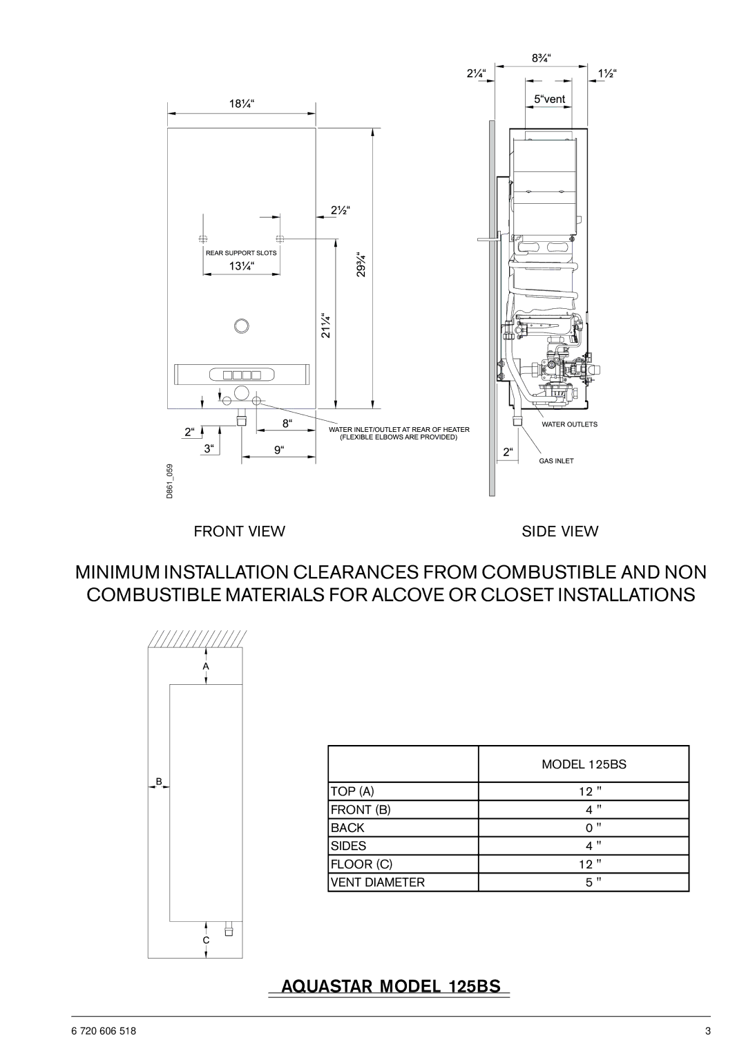 Bosch Appliances 125B LPS, 125B NGS Front View Side View, Model 125BS, TOP a Front B Back Sides Floor C Vent Diameter 