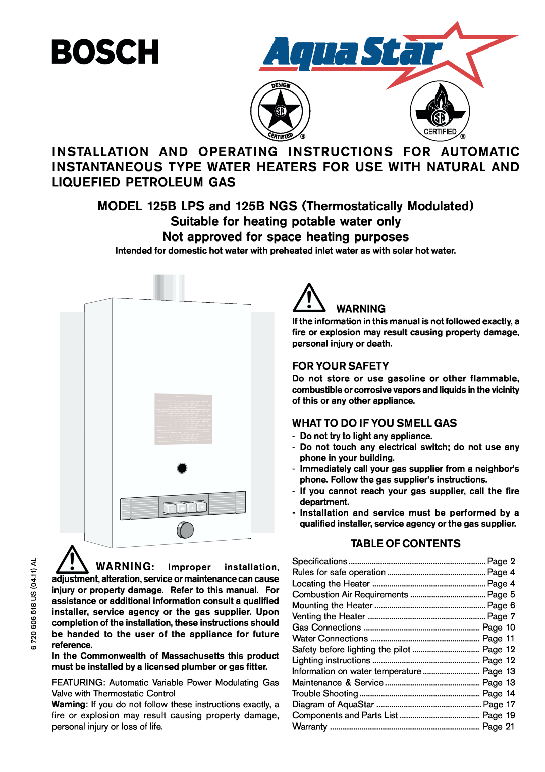 Bosch Appliances operating instructions MODEL 125B LPS and 125B NGS Thermostatically Modulated 